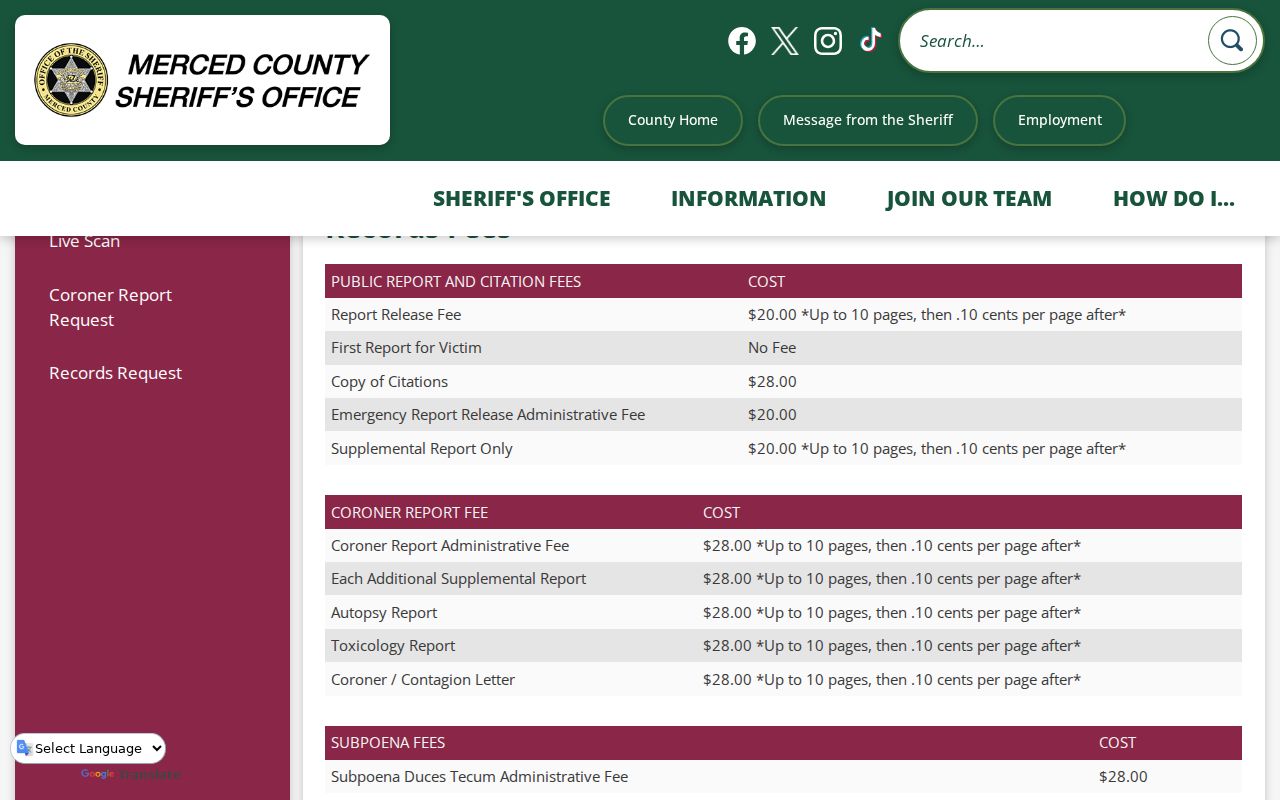 Merced County Sheriff's records fee schedule
