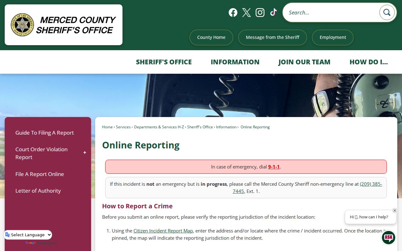 Merced County Sheriff's online reporting information