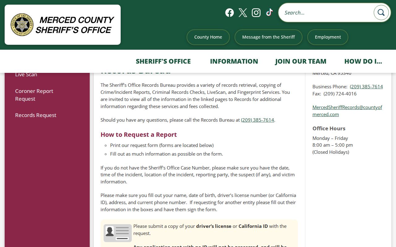 Merced County criminal history Sheriff's Records Bureau