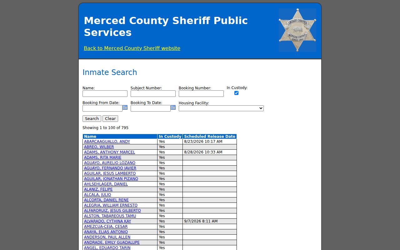 Merced County criminal history inmate inquiry search