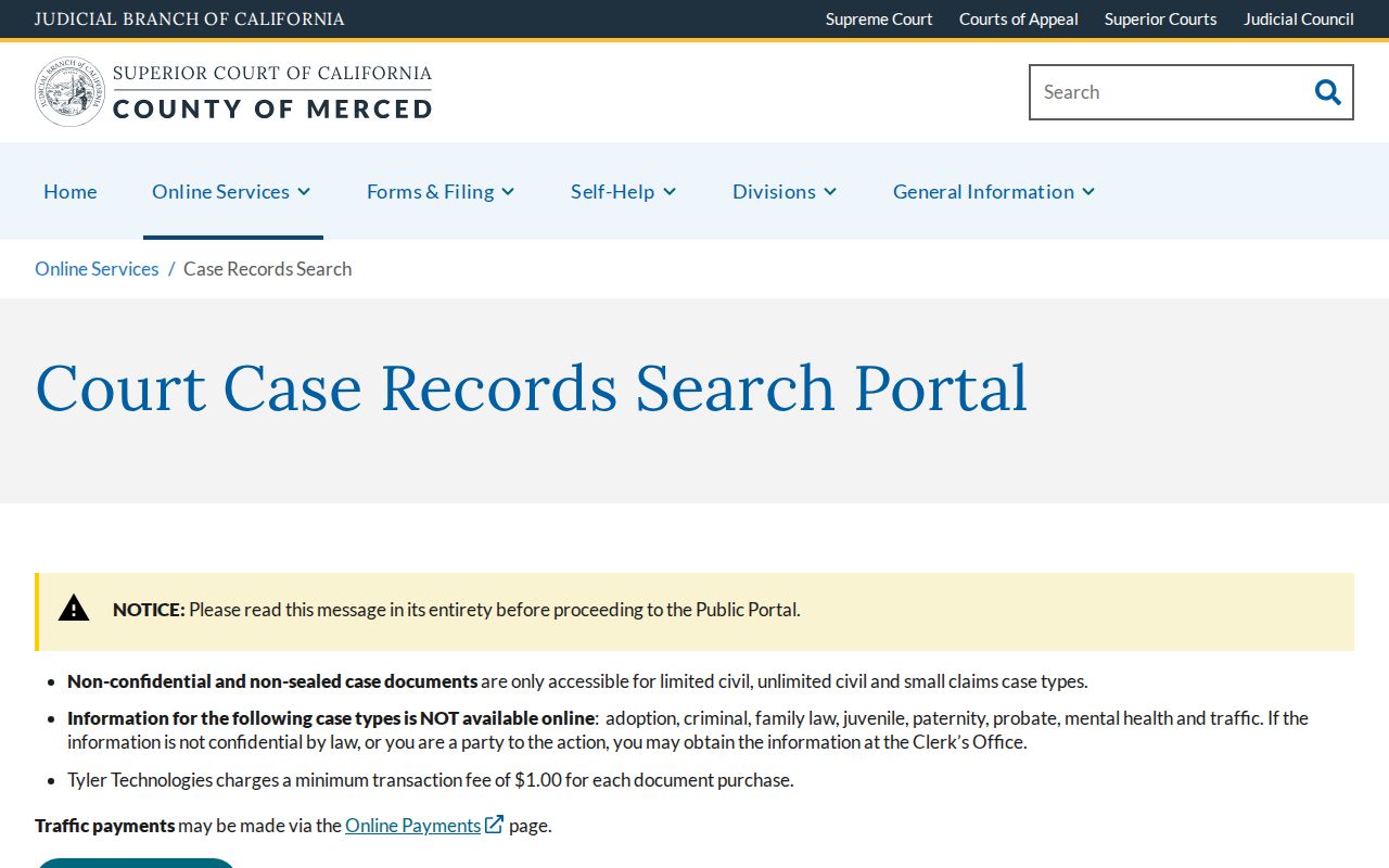 Merced County criminal history court case records notice