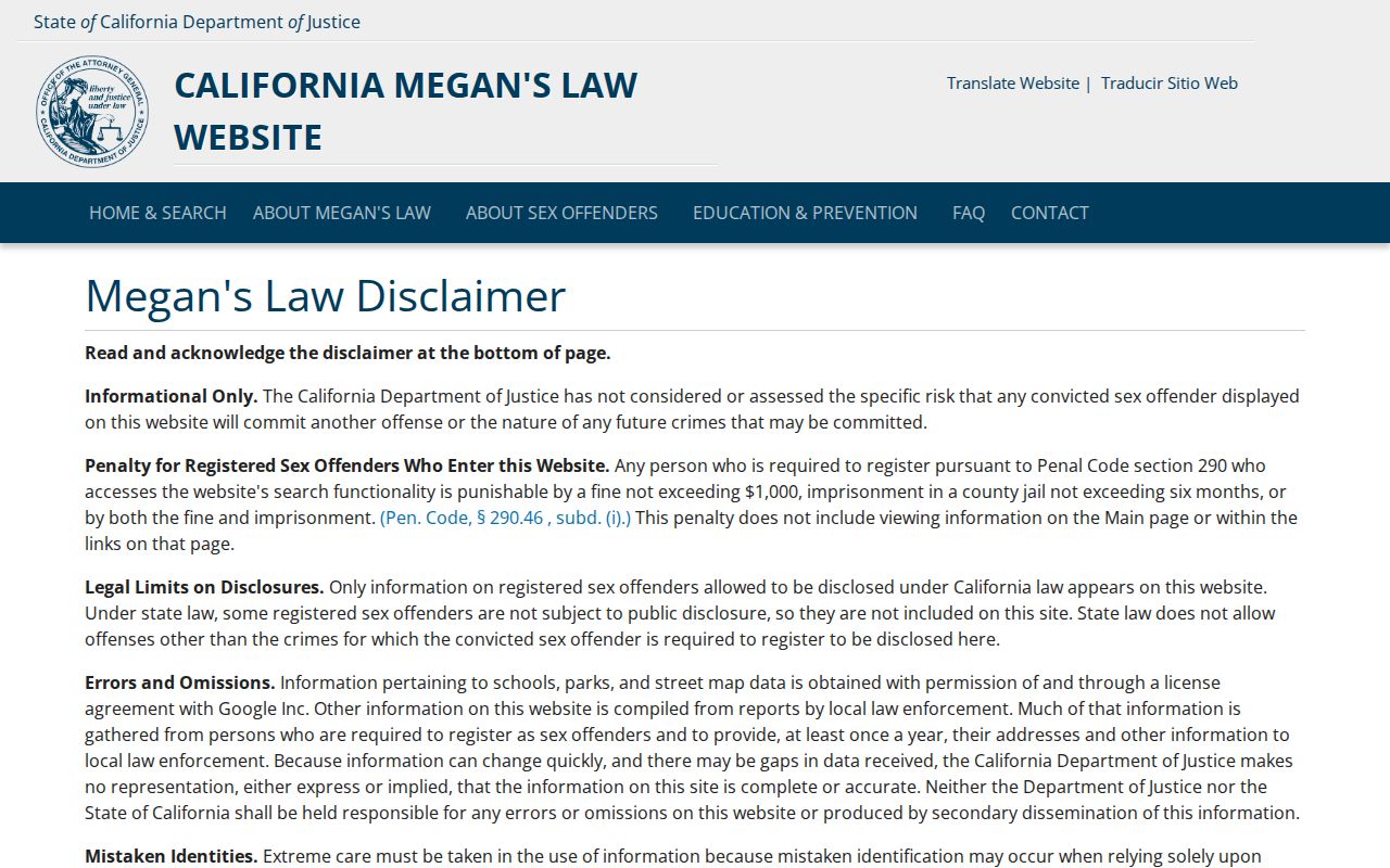 Merced County criminal history Megan's Law disclaimer